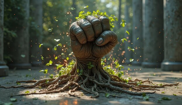 A photorealistic 3D render of a massive human fist formed entirely from twisting tree roots and vines erupts through a futuristic steel floor. Sparks fly as metal breaks, and leaves swirl in slow moti