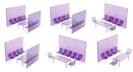 Transparent office cubicles & furniture 3D rendering shows several arrangements isolated on white For business & design concepts