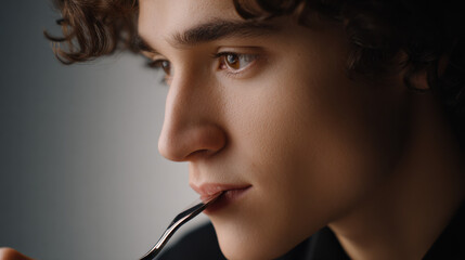 Mindful Eating Practices type. Young man thoughtfully holding a spoon, deep in contemplation.