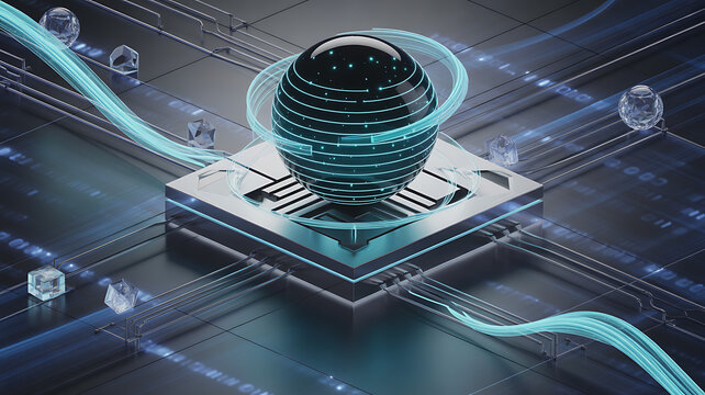 A dark, intricate circuit board features a central glowing sphere surrounded by abstract light trails, symbolizing data flow.