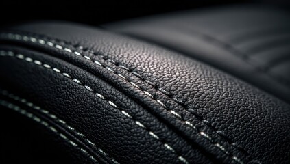 Close-up of dark leather upholstery with contrasting light stitching, showcasing texture and detail