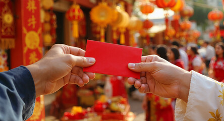 Exchanging Red Envelopes in a Festive Market Setting