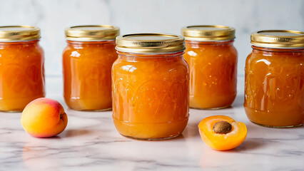 Glass jars with homemade apricot jam. A bright and warm image, ideal for home cooking concepts, preserves, natural products and summer fruits.