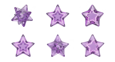 Six translucent purple star-shaped ornaments illuminated by white light are displayed on a white background for design and decoration