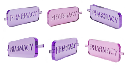 Colored glass PHARMACY signs on a white background showcasing drug store branding or medical industry concepts