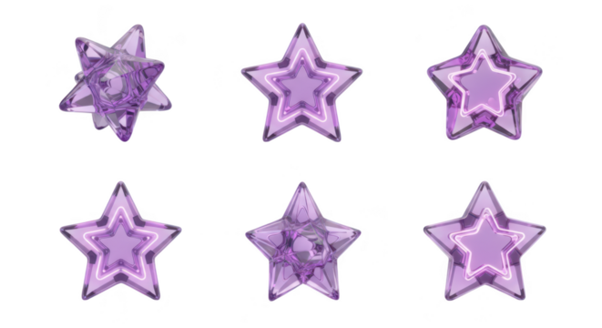 Six translucent purple star-shaped ornaments illuminated by white light are displayed on a white background for design and decoration