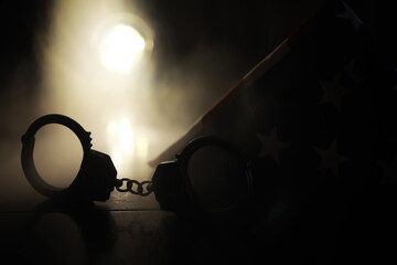 Handcuffs with American Flag in Background Highlighting Law Enforcement and Crime Themes