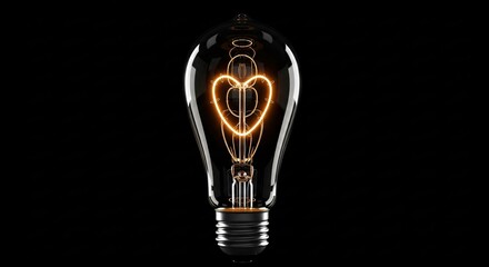 Heart shaped filament glowing inside light bulb on black radiates love and innovation for modern Valentine's Day