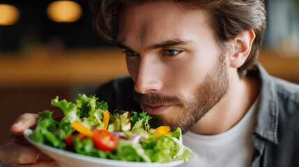 Mindful Eating Practices type. Man examining a fresh salad with an appreciative expression.