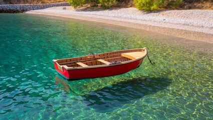Red wooden rowboat floats serenely in crystal clear turquoise water near a sandy beach