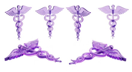 Translucent Caduceus symbols arranged on white surface slightly tilted representing medicine & healthcare in a studio background