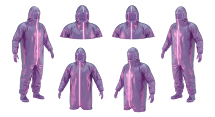 Purple hazmat suit collection displayed on white backdrop for medical scientific or safety applications