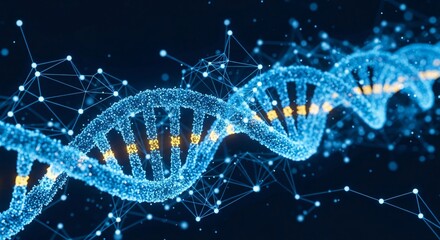Stunning DNA Double Helix Model Connecting with Blue Network for Medical Research and Science Visuals