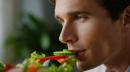 Mindful Eating Practices type. Man enjoying a fresh salad with vegetables in natural light.