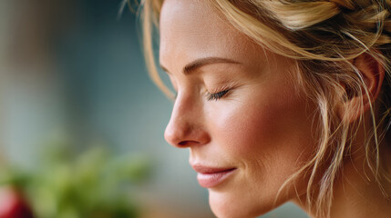 Mindful Eating Practices type. A serene woman with closed eyes and a peaceful expression.