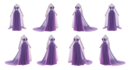 Eight virtual dresses displayed floating on a white backdrop showing different angles of a gown design for fashion concept use