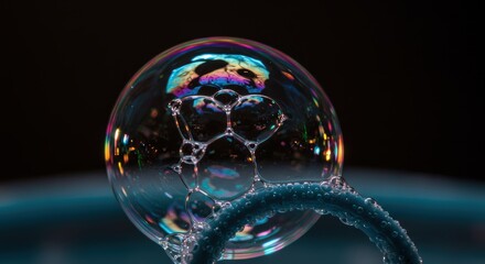 Close-up soap bubble with reflections on dark background. Plastic wand is partially visible. Childrens holidays, International Childrens Day, entertainment industry and events, copy sace.