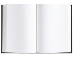 Open hardcover book with blank pages, isolated on a transparent background