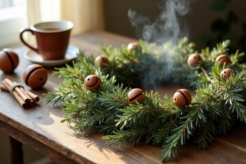 Cozy Christmas morning. A steaming cup of coffee next to a festive fir wreath with jingle bells on a wooden table, creating a warm, cozy holiday mood.