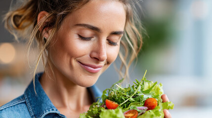 Mindful Eating Practices type. Woman enjoying a fresh salad with a joyful expression.