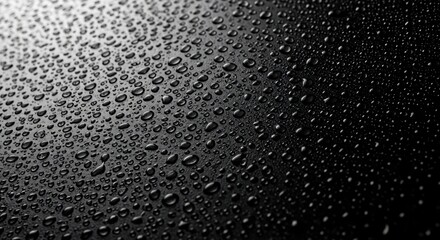 Stunning water droplets glistening on sleek black surface, ideal for modern design or striking backgrounds