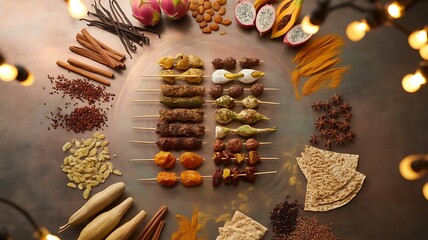 Assorted skewers with spices and fruits arranged in a circle