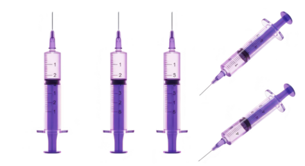 Multiple syringes filled with liquid arranged against a white background showing potential use in medical and scientific applications