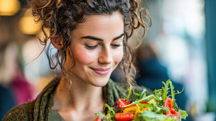 Mindful Eating Practices type. A woman smiles while holding a vibrant salad indoors.