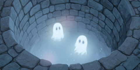Glowing spirits float in haunted well with cute, pastel ambiance