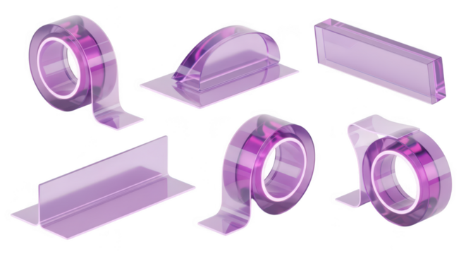 Assorted transparent purple tape rolls and dispensers studio shot white background showcasing office supply usage