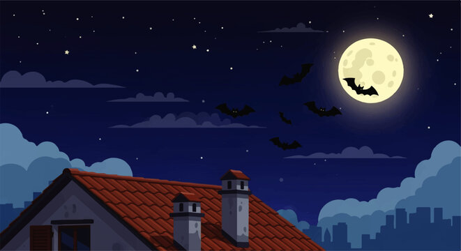 Bats flying over a tiled rooftop on a spooky Halloween night with a full moon and city silhouette.