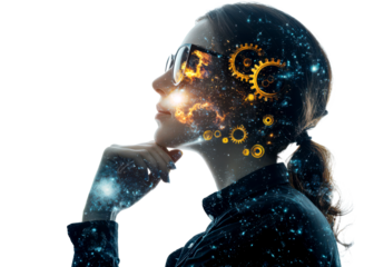 Businesswoman Thinking Strategy with Cosmic Elements and Gears Isolate on Transparent Background