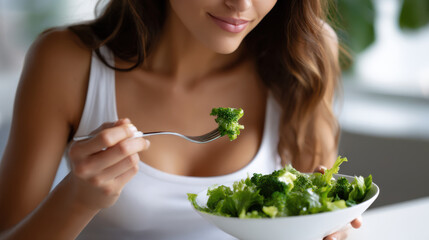Mindful Eating Practices type. Woman enjoying a fresh salad in a bright, modern kitchen.