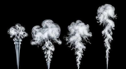 Ethereal white smoke plumes dancing on a stark black backdrop for creative projects and artistic visualizations