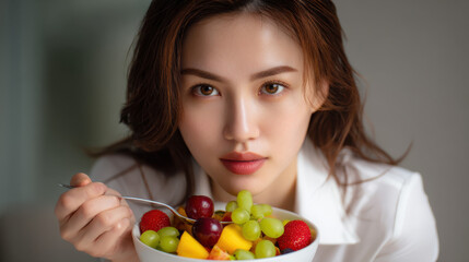 Mindful Eating Practices type. Fresh fruits in a bowl held by a woman with a focused expression.