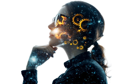 Businesswoman Thinking Strategy with Cosmic Elements and Gears Isolate on Transparent Background