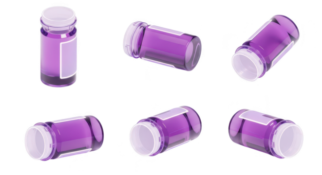 Purple vial collection on white backdrop; multiple views of translucent liquid containers ideal for medical chemical or cosmetic product presentation