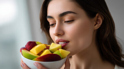 Mindful Eating Practices type. Fresh fruit bowl with a woman enjoying the flavors.