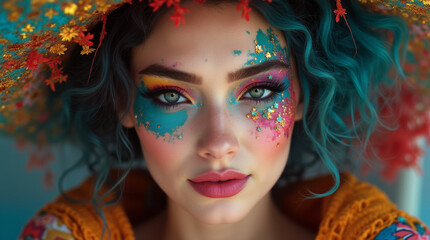 Cute young woman with blue hair with funny hat and colorful weird makeup in pop art style