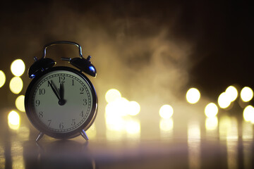 Vintage Alarm Clock Against Bokeh Lights with Steam Vapor Background