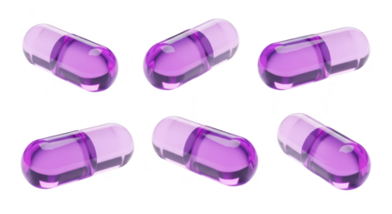 Six translucent purple capsules on white background illustrating medication healthcare pharmaceutical and medical concepts