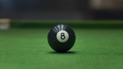 Ultra realistic close-up of a glossy black 8-ball reflecting overhead lights, set on a green felt pool table, shallow depth of field, cinematic lighting