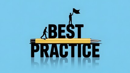 Best Practice Concept, motivational banner design with yellow ballpoint pen in center on a cyan blue backdrop, Best Practice infographic, created with generative ai