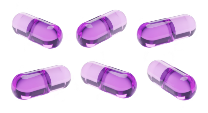 Six translucent purple capsules on white background illustrating medication healthcare pharmaceutical and medical concepts