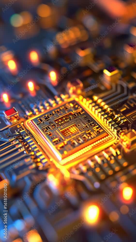 Aufkleber close up glowing computer chip with intricate circuitry and bright orange lights on a dark backgroun