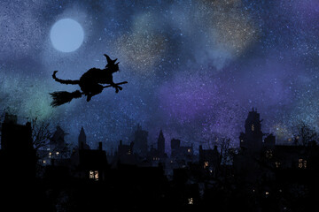 Witch on broomstick flies over haunted village under starry night sky