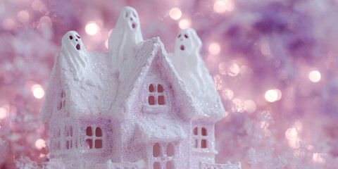 Whimsical pastel haunted house with glowing ghosts
