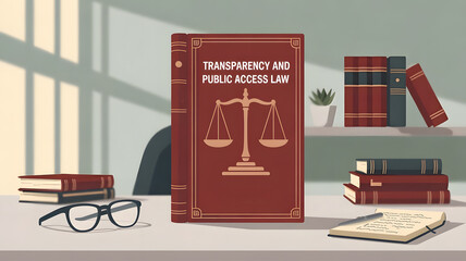 Transparency and Public Access Law banner design with a justice scale symbol on red hardcover book, Legal Advice Related Illustration for Web header, poster, flyer created with generative ailaw, horiz