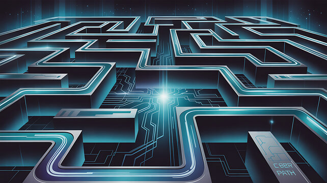 A glowing light navigates a complex digital maze, symbolizing a challenging path or problem-solving.