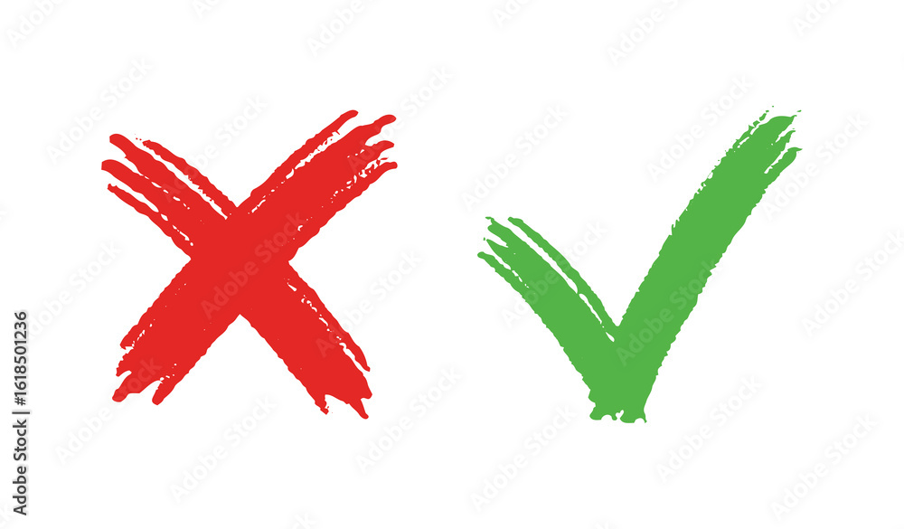Poster grunge hand drawn with brush strokes cross x and tick ok check marks. red cross and green check mark